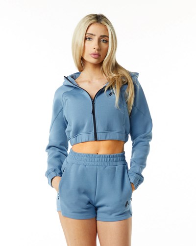 Alphalete Interlock Knit Crop-Zip Hoodie Blau | AG5614298