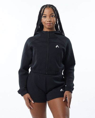 Alphalete Interlock Knit Crop-Zip Hoodie Schwarz | GJ7830542