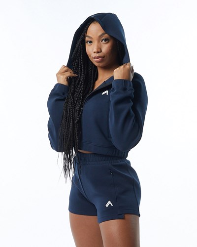 Alphalete Interlock Knit Crop-Zip Hoodie Navy | OE6107853