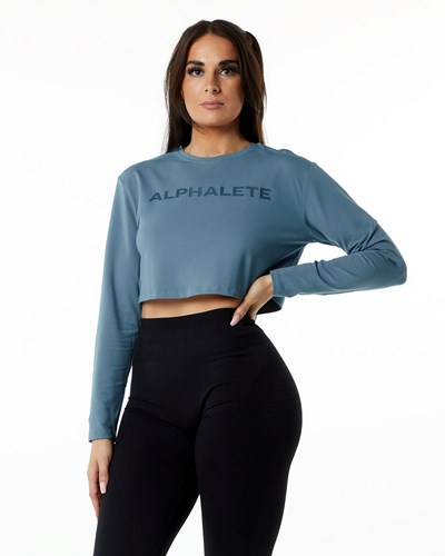 Alphalete Oversized Performance Long Sleeve Crop Blau | XW8021965