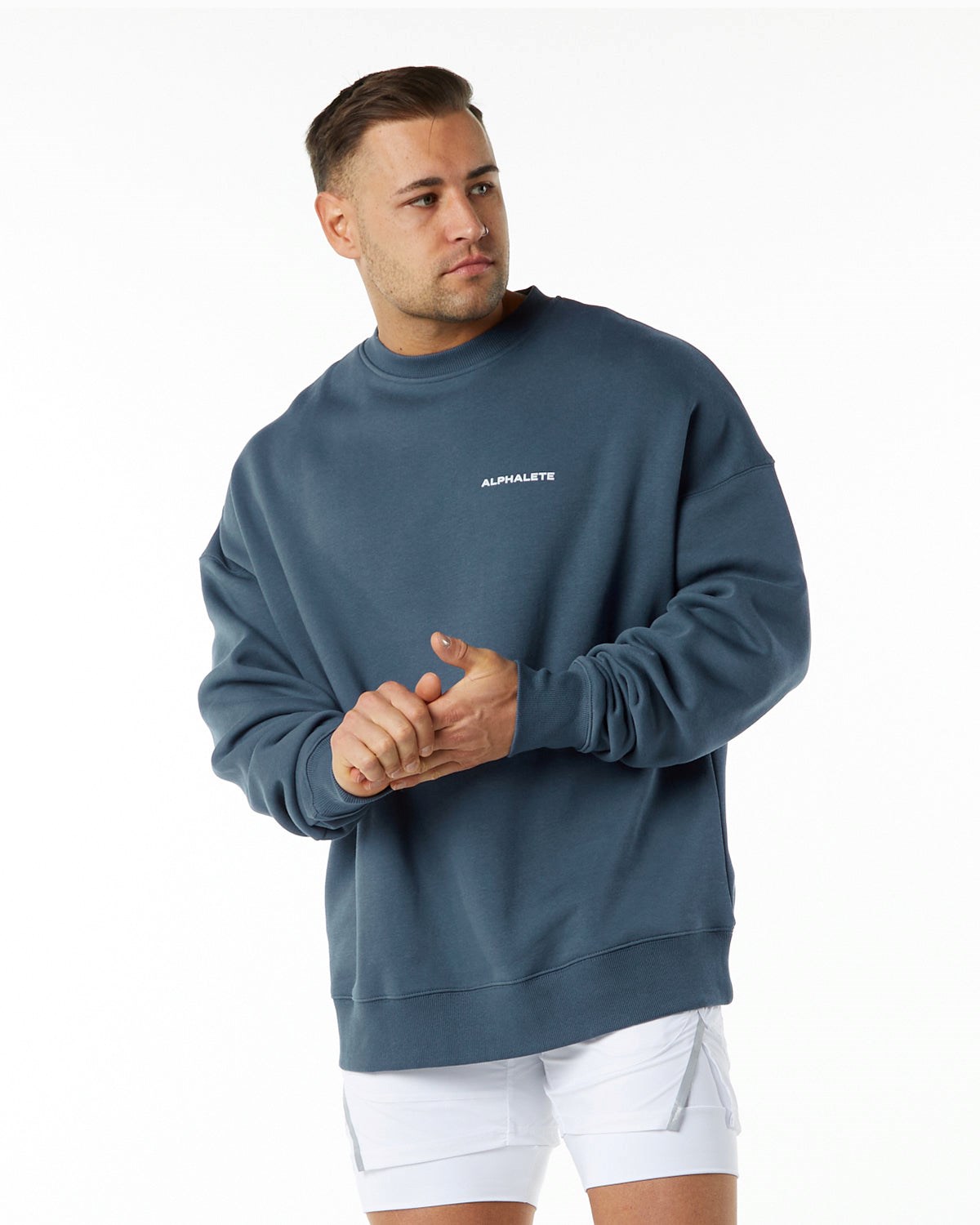 Alphalete Brushed Fleece Crewneck Pullover Blau | MQ4856237