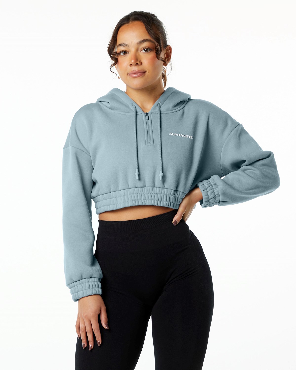 Alphalete Brushed Fleece Half-Zip Crop Hoodie Blau | BU4729568