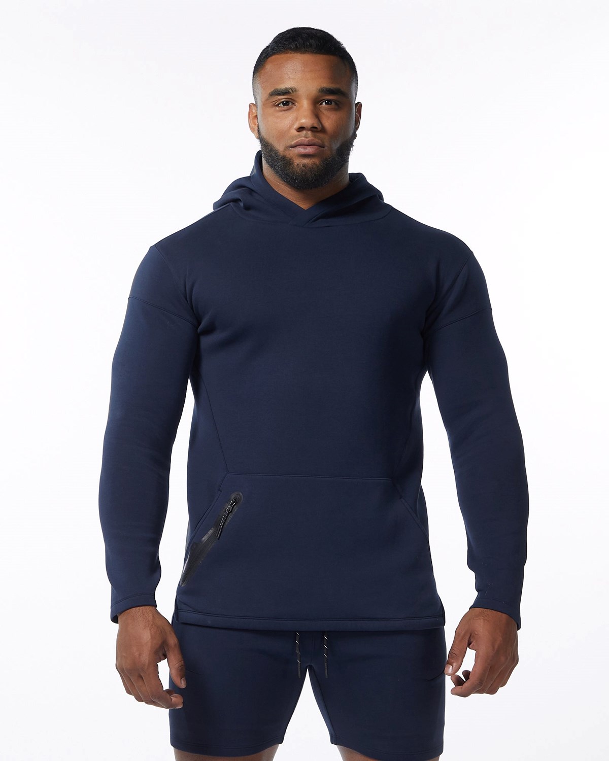 Alphalete Fitted Interlock Knit Hoodie Navy | ZY3721085