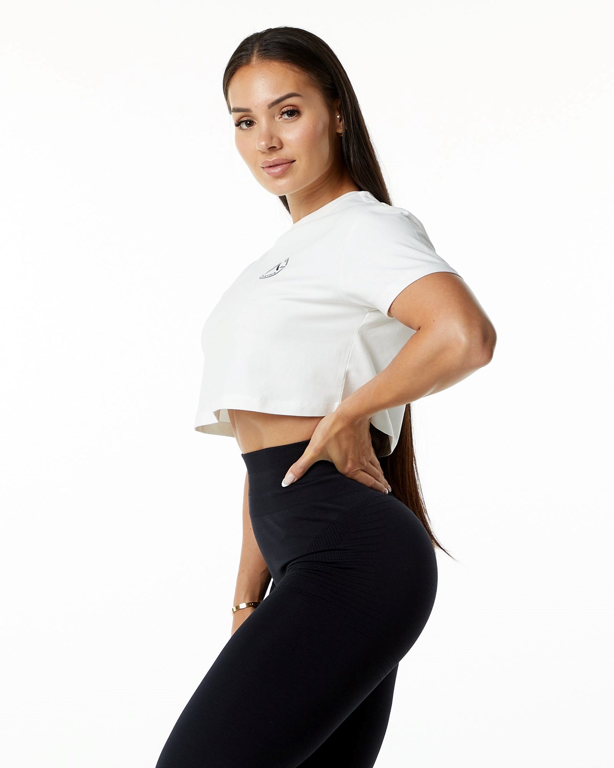 Alphalete Fitted Performance Kurzes Sleeve Crop Weiß | LR5310972