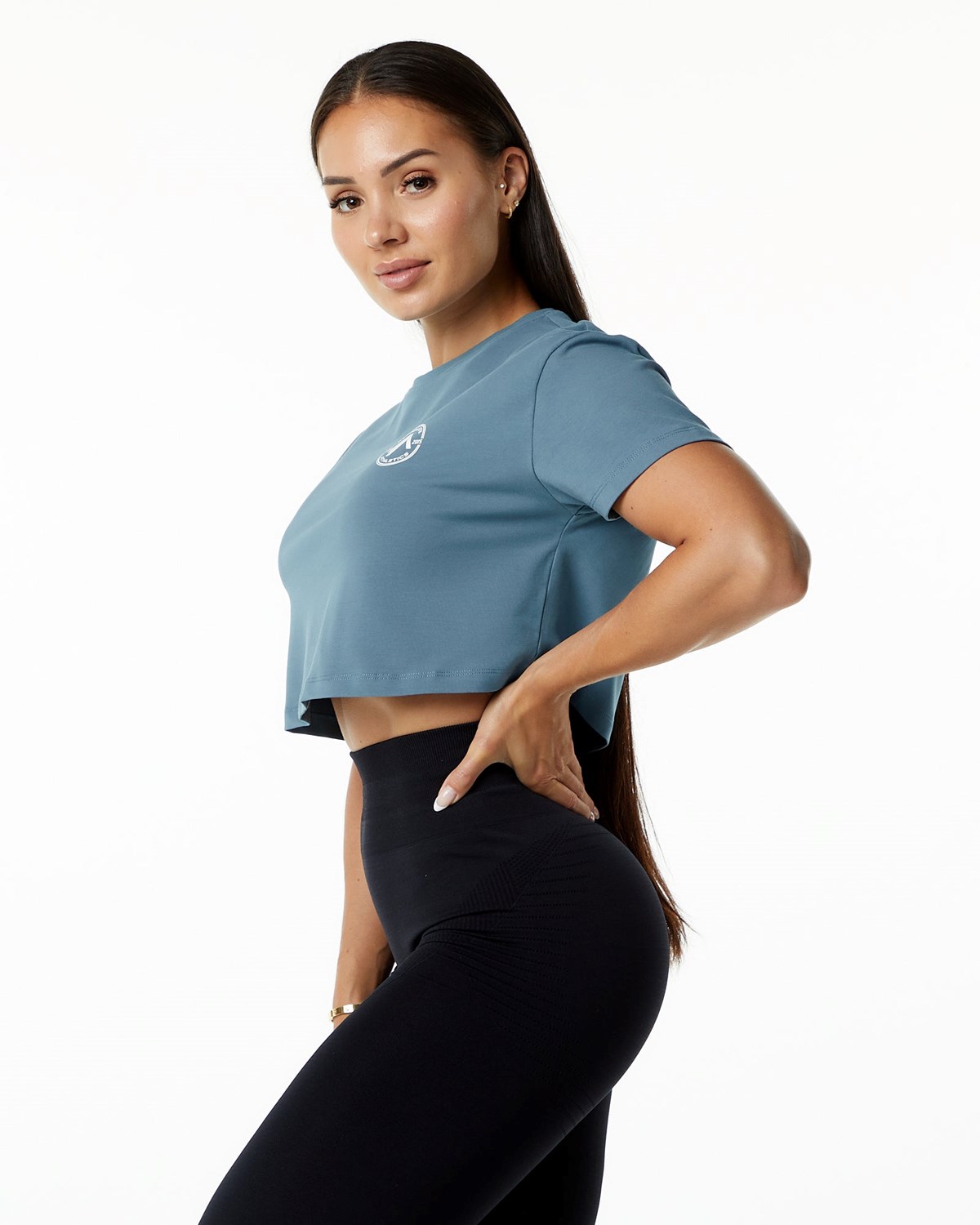 Alphalete Fitted Performance Kurzes Sleeve Crop Blau | SA0239581