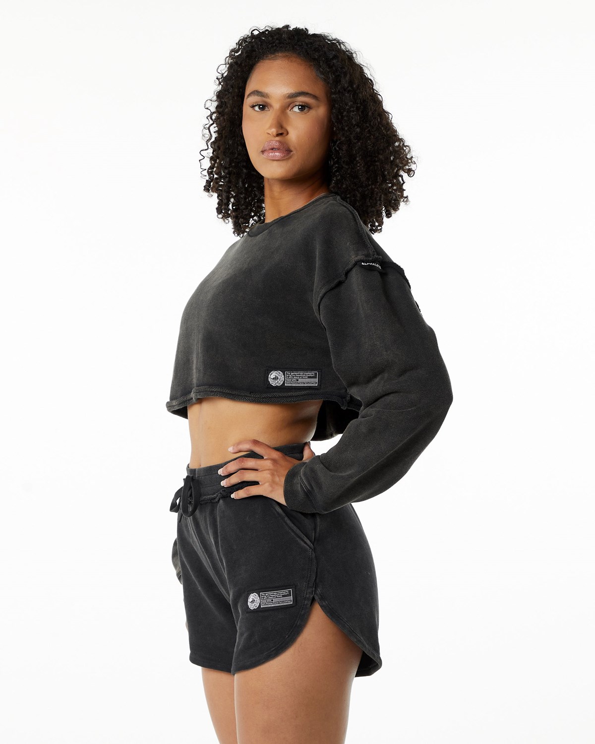 Alphalete Heavyweight Washed Terry Crop Pullover Onyx | AZ4057618