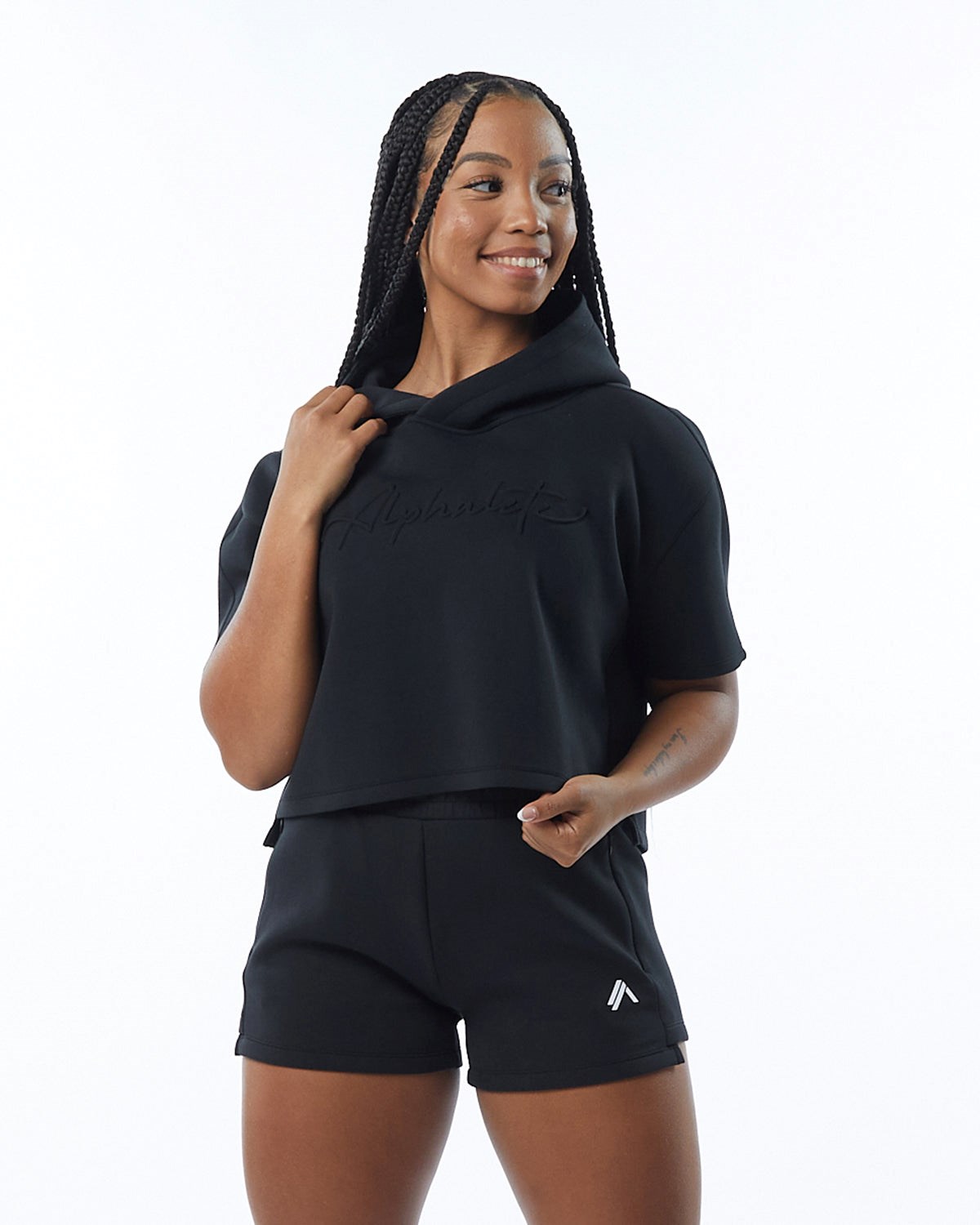 Alphalete Interlock Knit Crop Hoodie Schwarz | SJ4803275