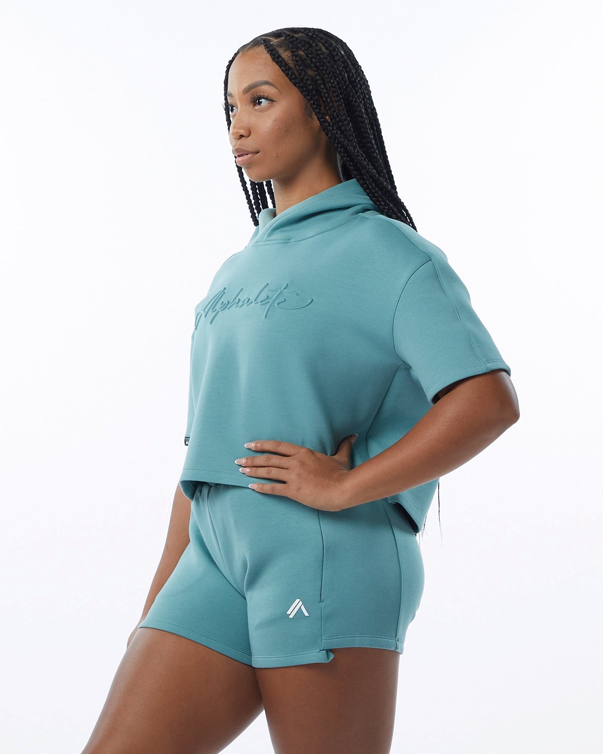 Alphalete Interlock Knit Crop Hoodie Teal | GN6412983