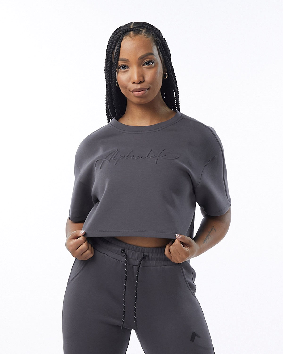 Alphalete Interlock Knit Crop Pullover Charcoal | PC6328705