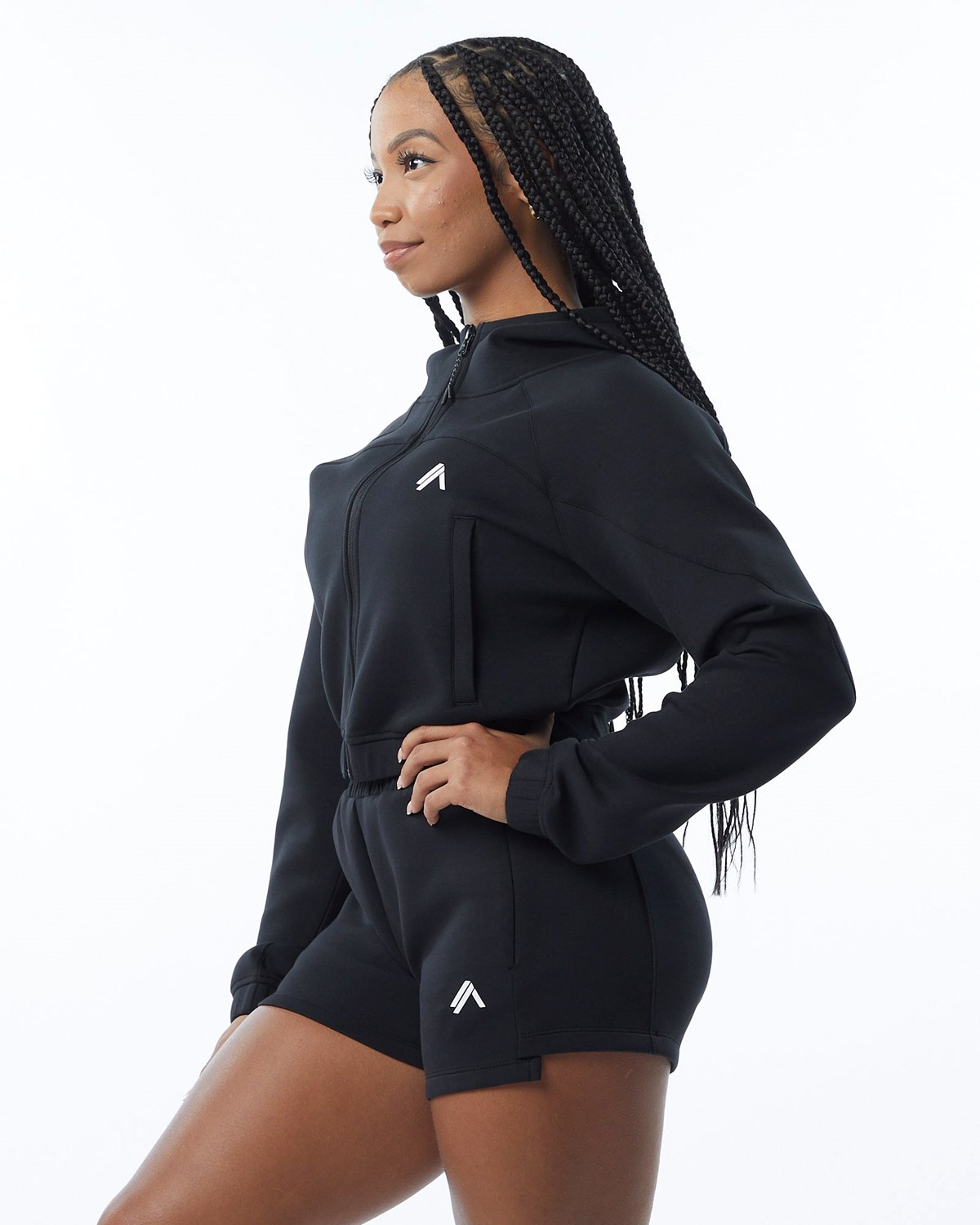 Alphalete Interlock Knit Crop-Zip Hoodie Schwarz | GJ7830542