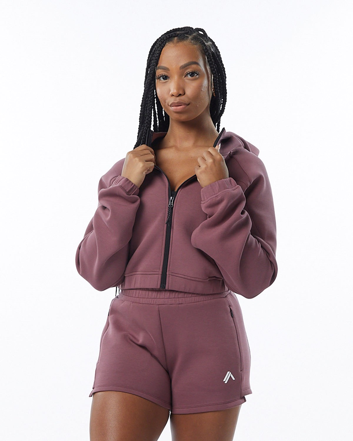 Alphalete Interlock Knit Crop-Zip Hoodie Mauve | GY9158346