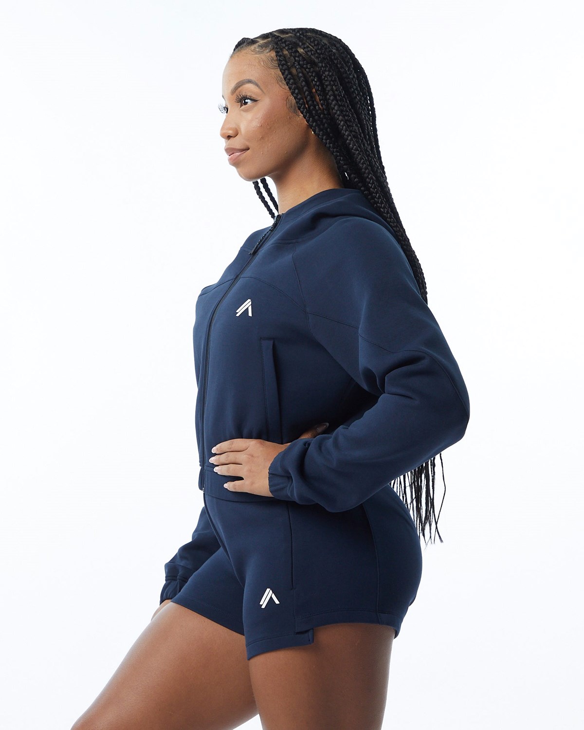 Alphalete Interlock Knit Crop-Zip Hoodie Navy | OE6107853