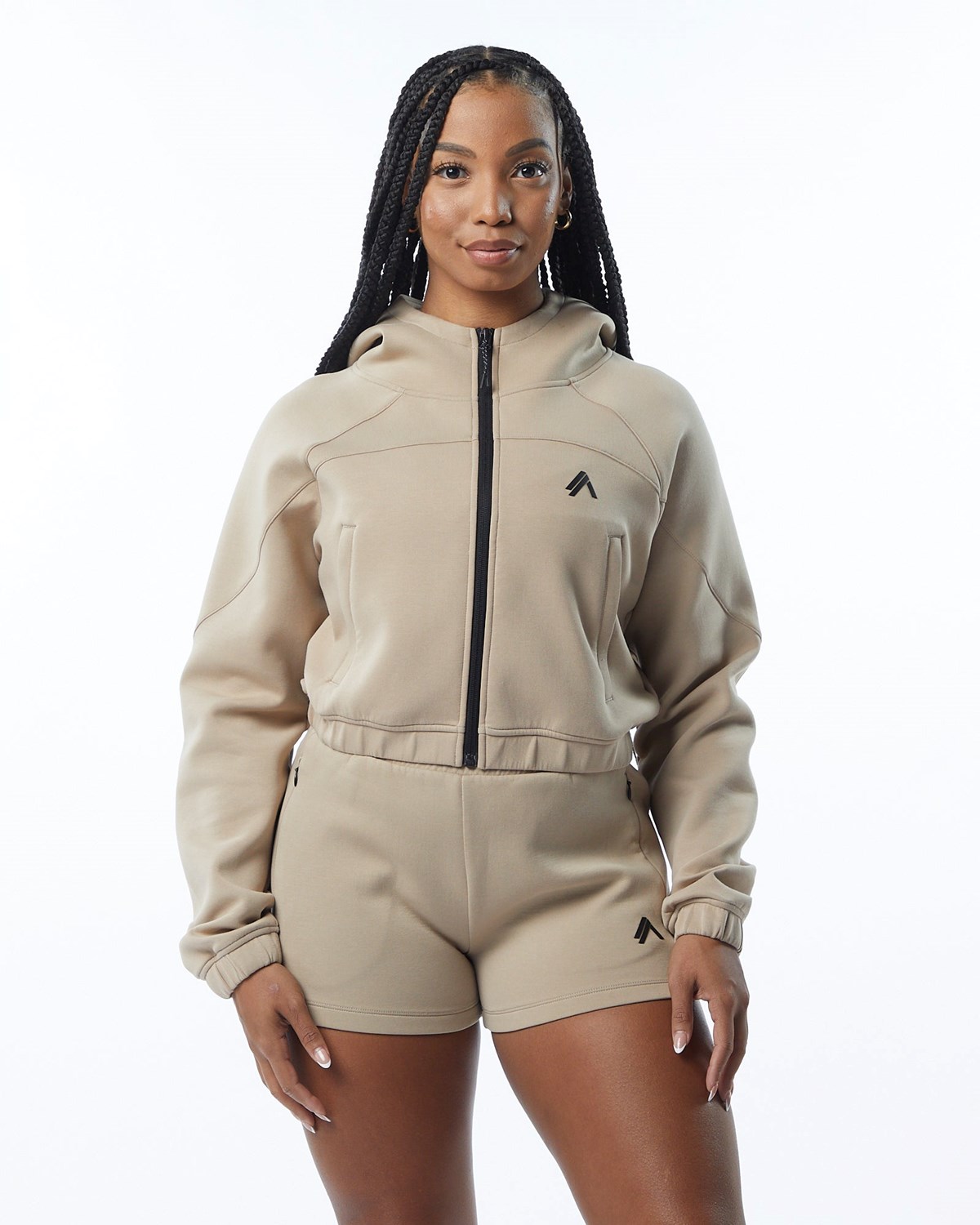 Alphalete Interlock Knit Crop-Zip Hoodie Tan | WI9824730