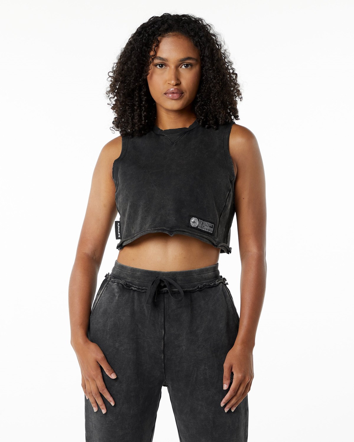 Alphalete Mid-Weight Washed Terry Crop Cutoff Onyx | PL4012537