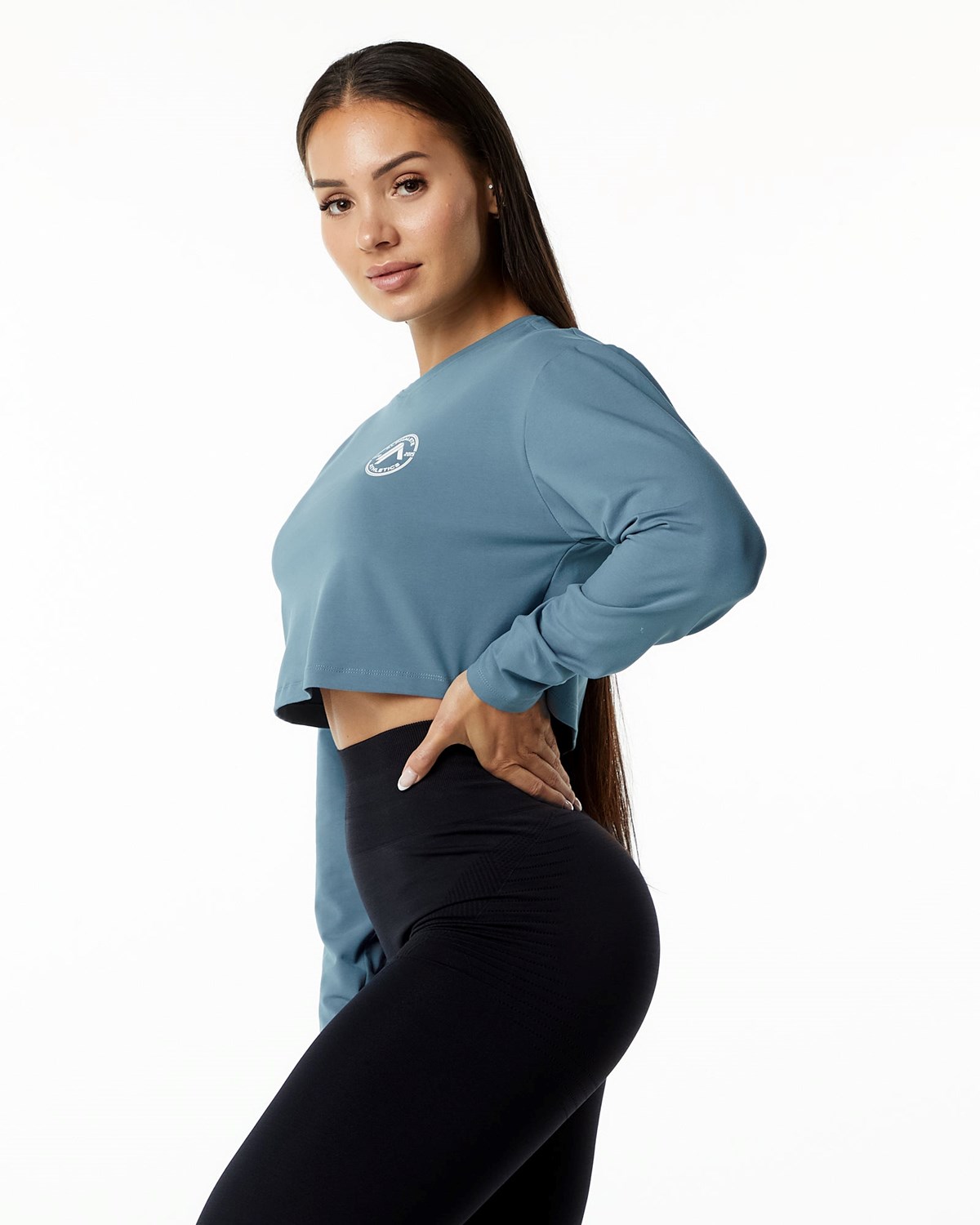 Alphalete Oversized Performance Long Sleeve Crop Blau | FI3201487