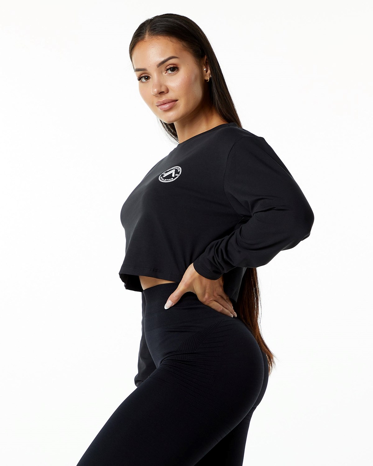 Alphalete Oversized Performance Long Sleeve Crop Schwarz | RH7619254