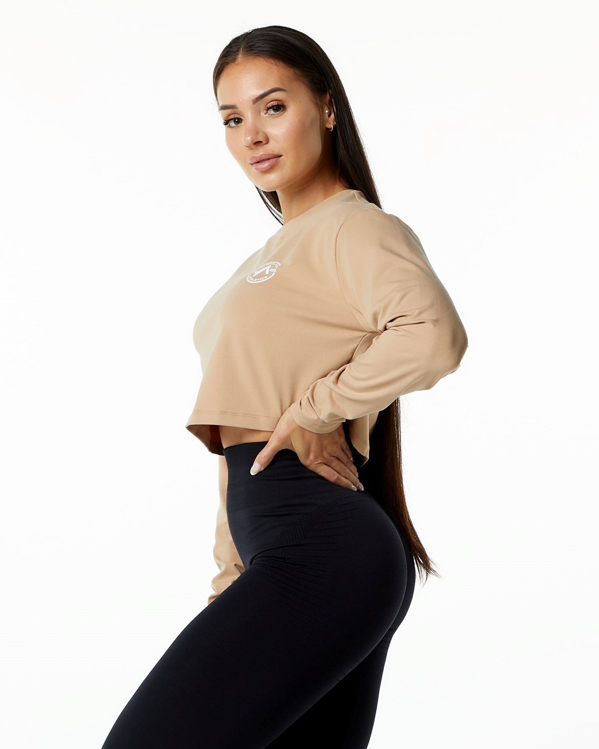 Alphalete Oversized Performance Long Sleeve Crop Taupe | UQ3124067